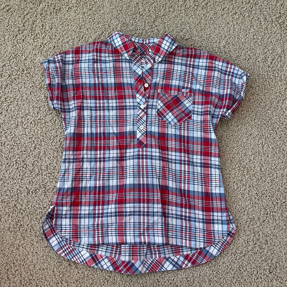 Vineyard Vines Shirt Women's Red Plaid Collard Top 1/2 Button Up